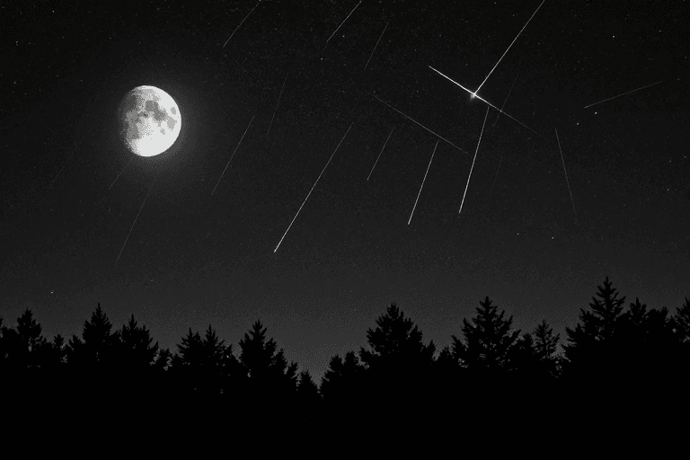 天文科普素材：流星夜影：黑白星空下的静谧森林