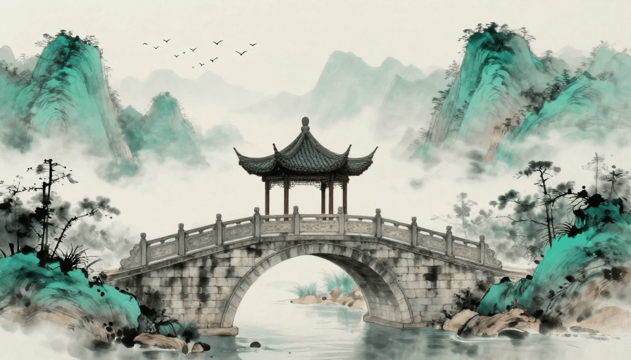 青绿色调素材：水墨山水意境，青绿古韵拱桥