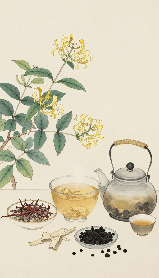 传统国画素材：传统国画笔墨：金银花与珍贵药材方剂的艺术呈现