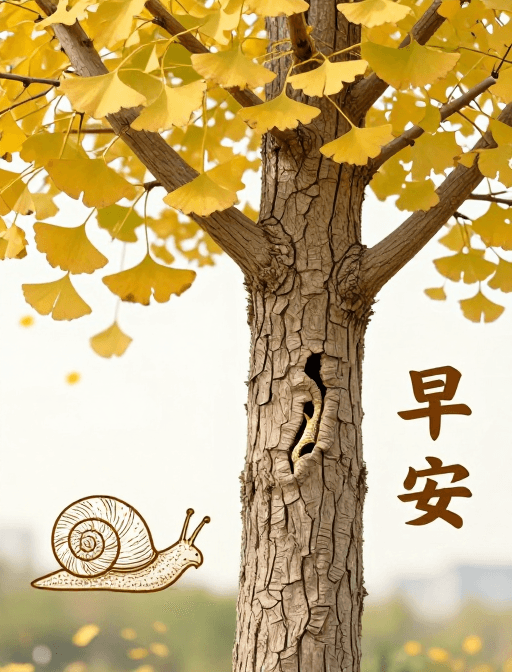 早安问候素材：秋日银杏皲裂与蜗牛的早安沙画艺术