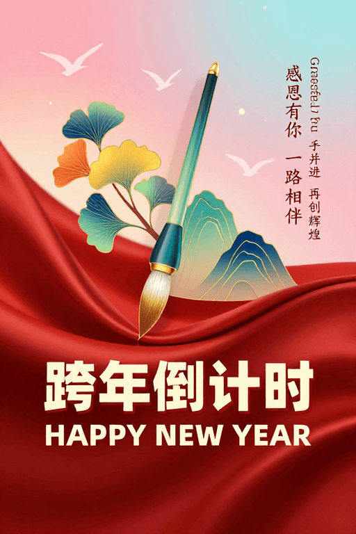 新国潮插画素材：新国潮跨年庆典：金色毛笔与红绸绽放的节日祝福