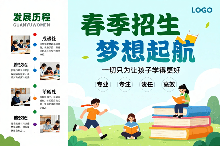 时间轴设计素材：清新明快春季招生海报，童趣插画传递梦想启航活力