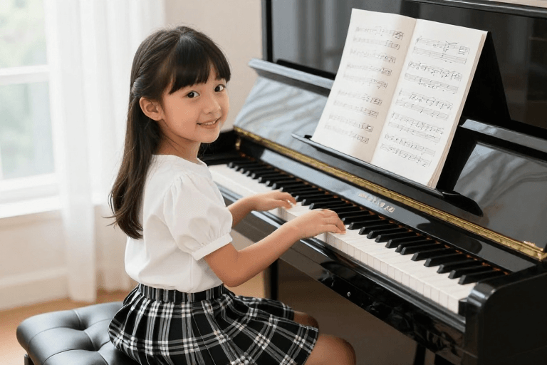 少女形象素材：钢琴前微笑少女：音乐教育的温暖瞬间