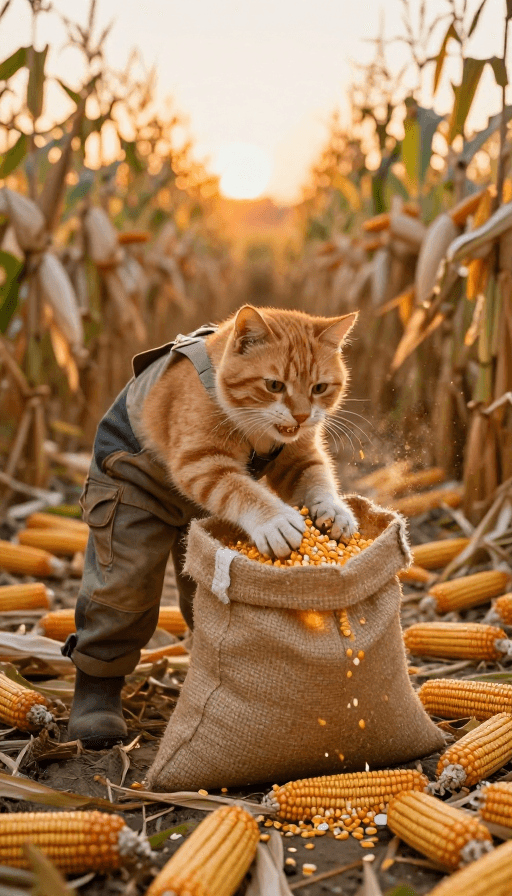 暖色调插画素材：拟人橘猫装玉米：黄昏田野的丰收庆典