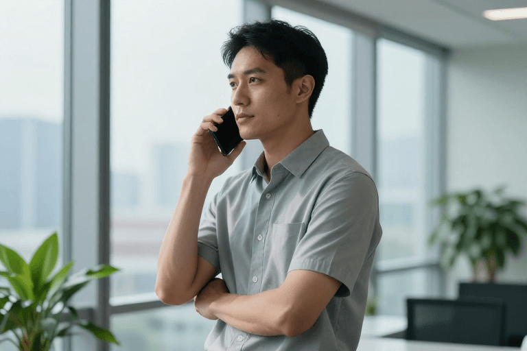 现代办公素材：冷调光影下的专注商务电话