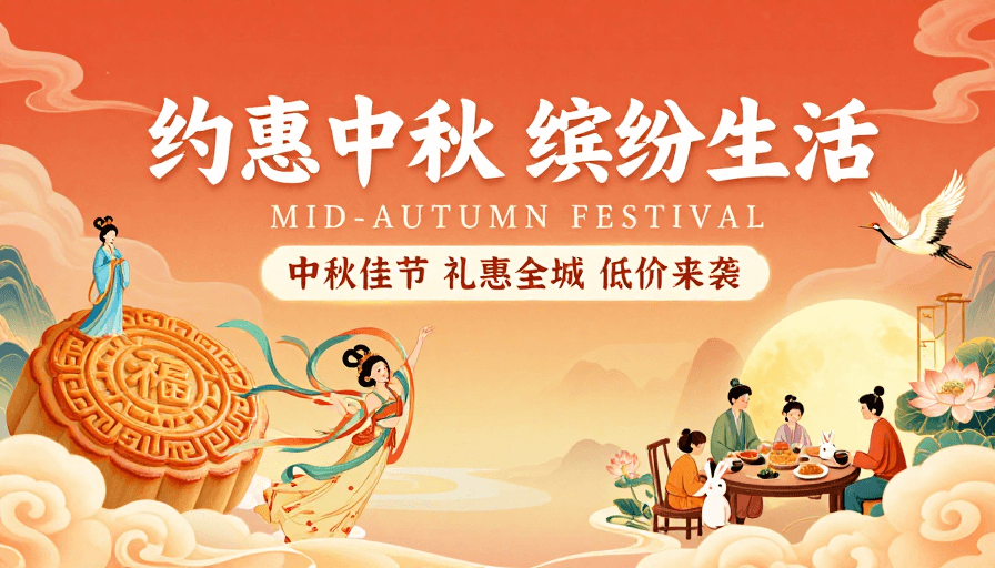 暖橙色调素材：中秋佳节 缤纷生活：暖色国风插画促销海报