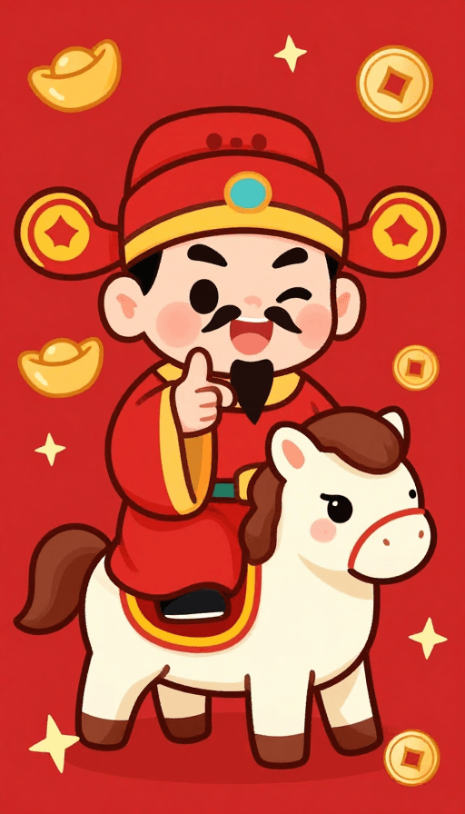 财神爷素材：国潮财神萌马互动迎新年