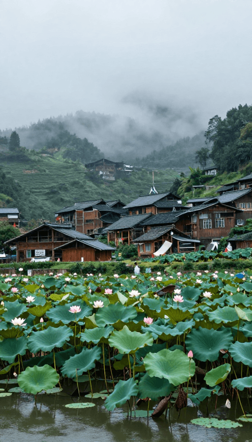 浓雾景观素材：雨后浓雾中的中国山村木屋与荷花