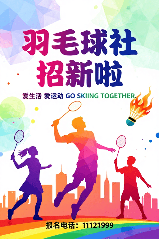 低多边形风格素材：低多边形水彩风羽毛球社活力招新海报