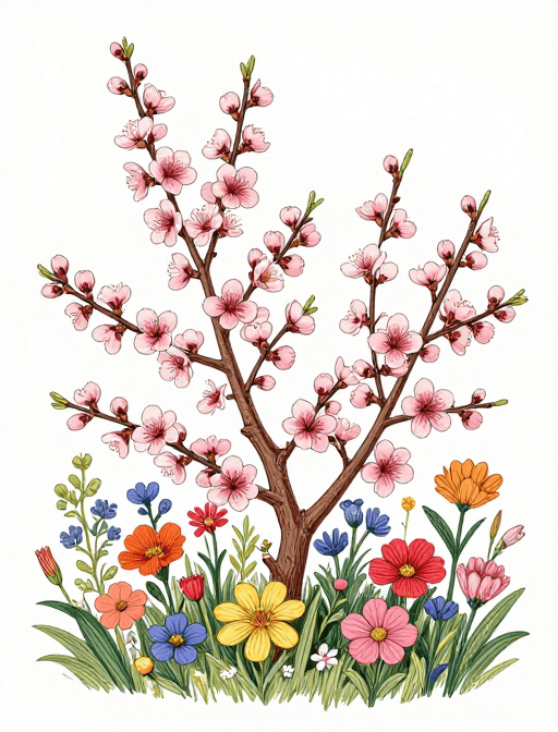 治愈系艺术素材：Redoute风治愈桃花手绘插画