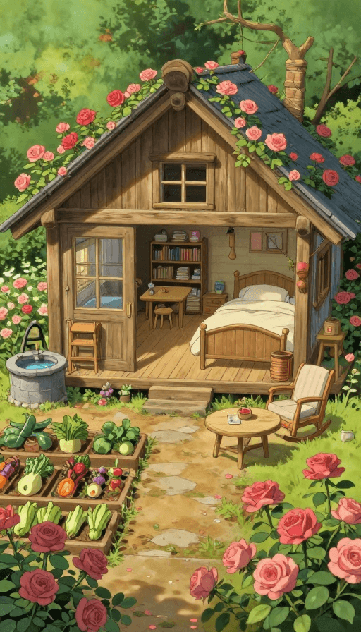 插画艺术素材：宫崎骏治愈风：温暖木屋花园