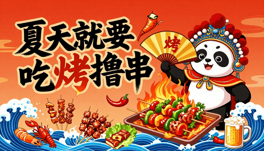 节庆氛围素材：国潮熊猫烧烤海报：夏日燃情美食盛宴