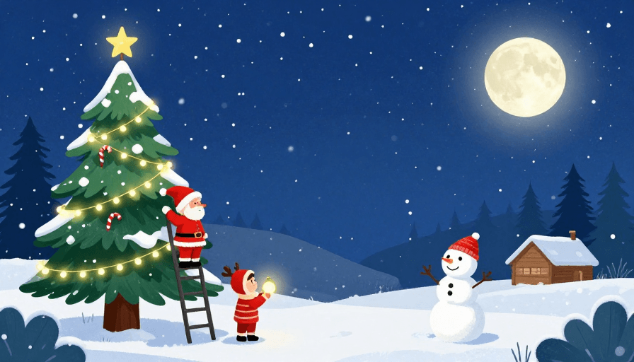 温馨氛围素材：温馨圣诞夜：雪景中的节日插画