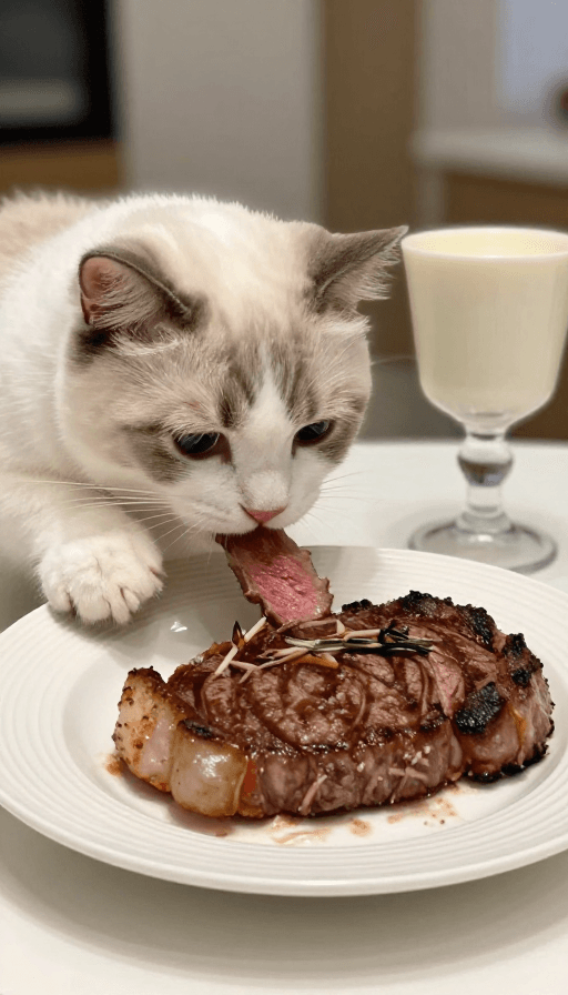 可爱动物素材：萌猫餐桌：可爱猫咪享用美味牛排的温馨插画