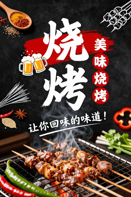 毛笔书法素材：烟火气十足的沉浸式中式烧烤盛宴
