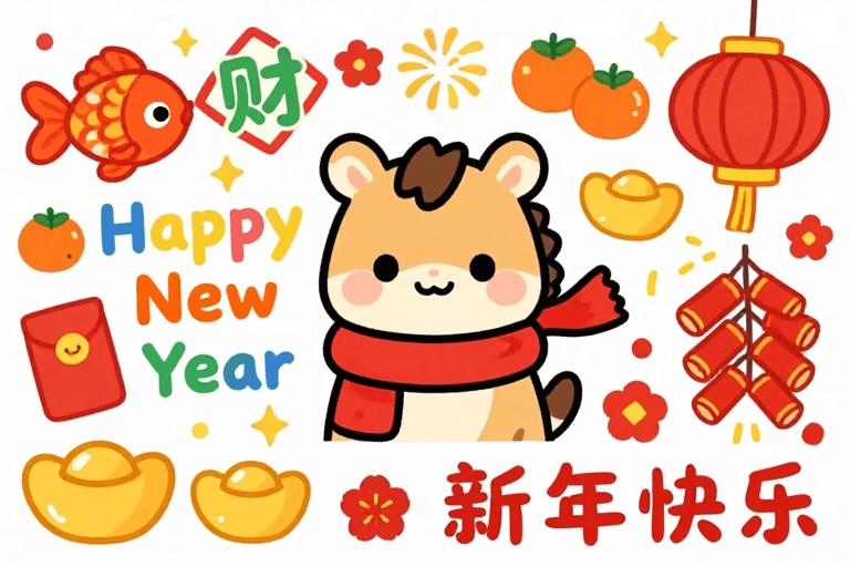 新年祝福素材：喜庆春节卡通小马与新年元素装饰插画