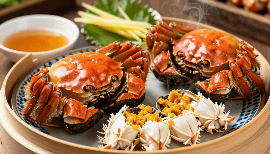 食材特写素材：蒸熟大闸蟹特写：金黄蟹黄热气诱人