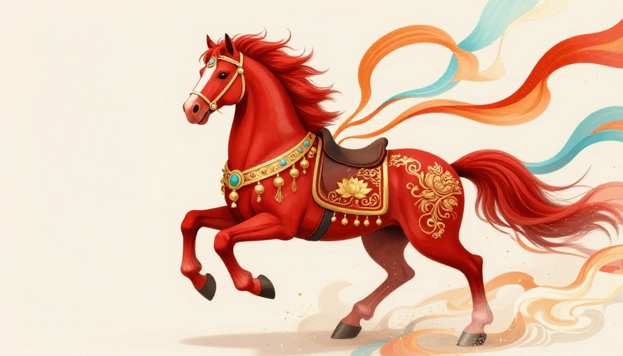新中式插画素材：东韵华章：朱红骏马奔腾图