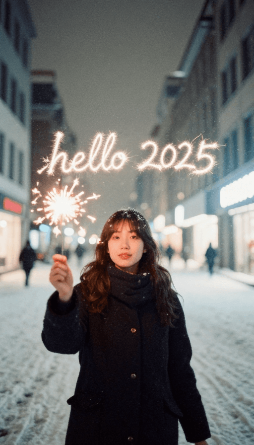 城市夜景素材：雪夜烟火女孩书写2025，复古胶片纪实感