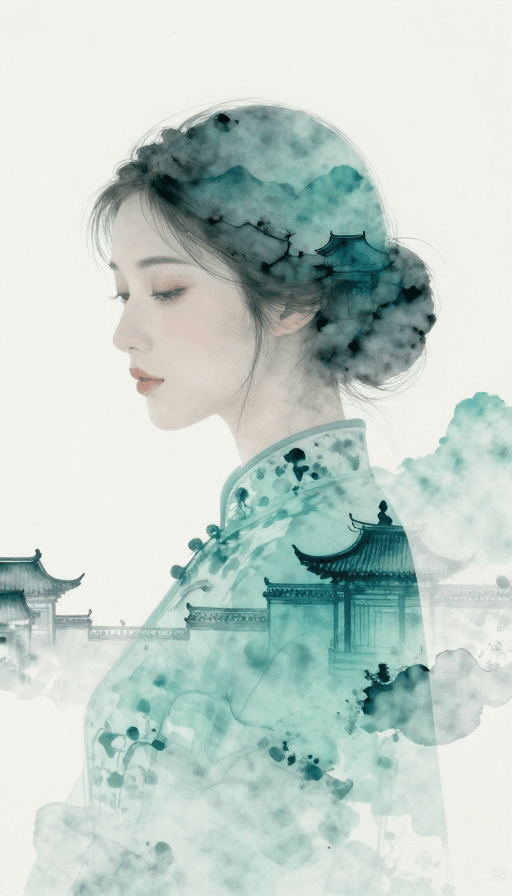 自然融合素材：新中式水墨：古典美人与山水意境交融