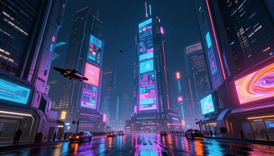 夜景素材：霓虹闪烁的赛博朋克未来城市夜景