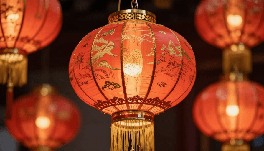 中式灯笼素材：暖光红笼映佳节：中式灯笼特写