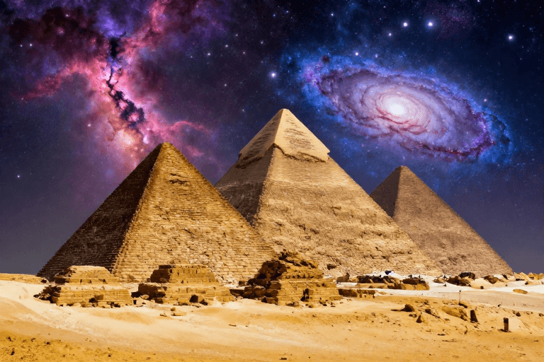 历史与科幻素材：吉萨金字塔与宇宙星云：历史科幻视觉盛宴