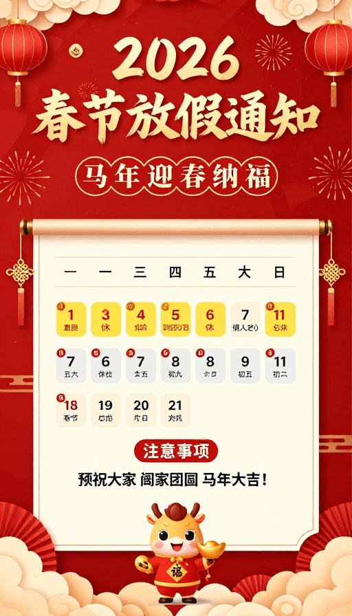 春节放假通知素材：2026春节放假通知：喜庆中国风官方海报