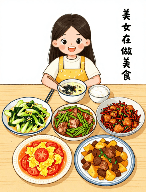 手绘漫画素材：手绘漫画：美女制作美味家常菜