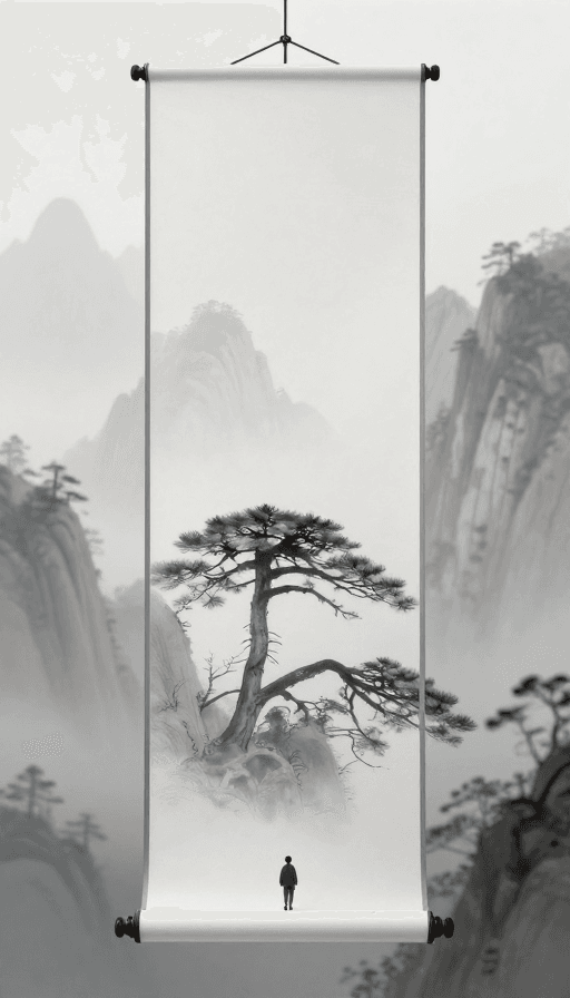 极简主义素材：东方美学竖卷轴：迎客松与渺小人影的极简意境
