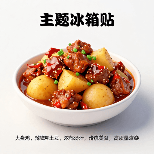 传统美食素材：精美大盘鸡3D冰箱贴，传统风味高细节呈现