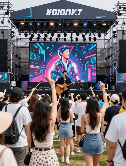 潮流插画素材：赛博朋克夏日音乐节：潮流现场与激情演唱
