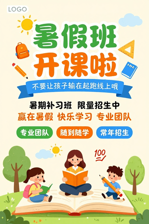 快乐学习素材：夏日手绘风：暑期班快乐开课海报