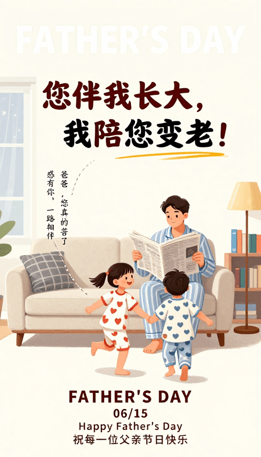 节日宣传图素材：温馨父亲节手绘海报：父子亲情温暖瞬间