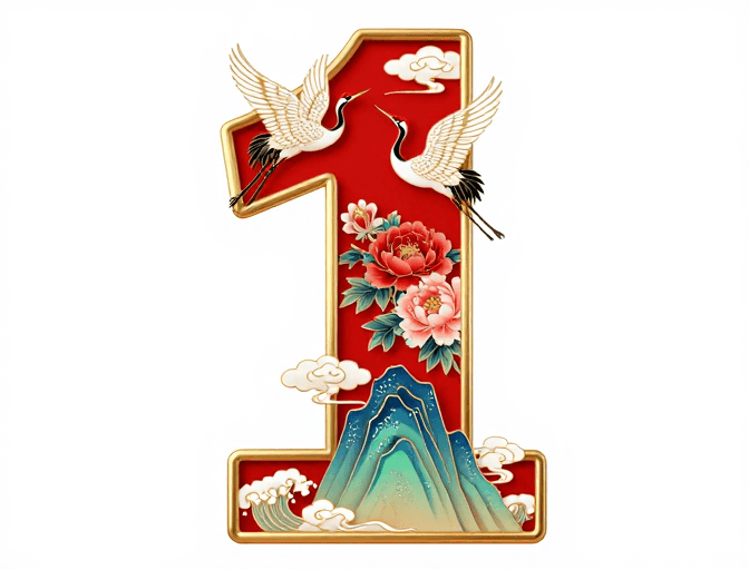 工笔插画素材：鸿运当头·数字‘1’红金吉祥艺术字设计