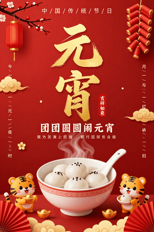 团圆主题素材：红金交融·元宵佳节喜庆海报