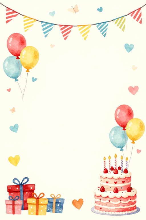 温馨场景素材：童趣水彩生日庆典插图，轻盈漂浮氛围