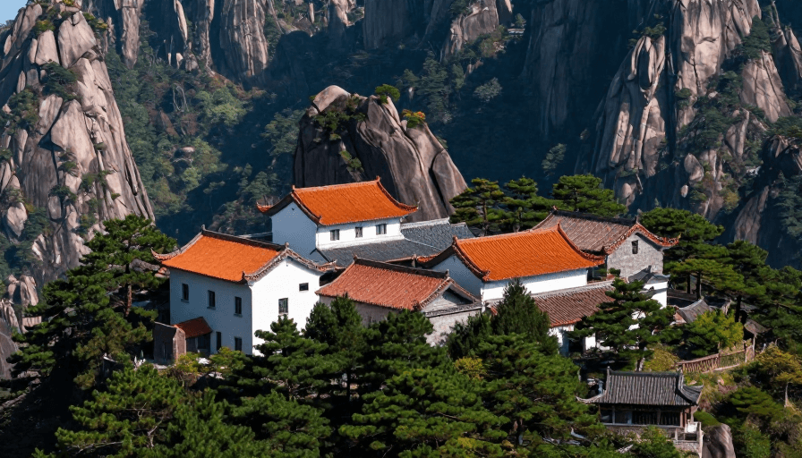 自然摄影素材：黄山古寺：光影交织的千年禅意