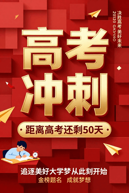 励志插画素材：高考冲刺五十天金红立体海报激励梦想启航