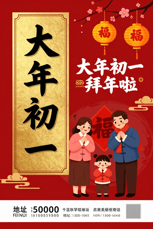 新年祝福素材：红金色调春节海报：大年初一喜庆拜年