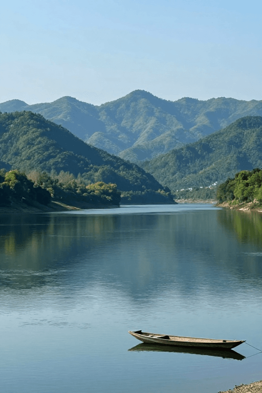 山水画素材：水墨山水：青山绿水间的静谧扁舟