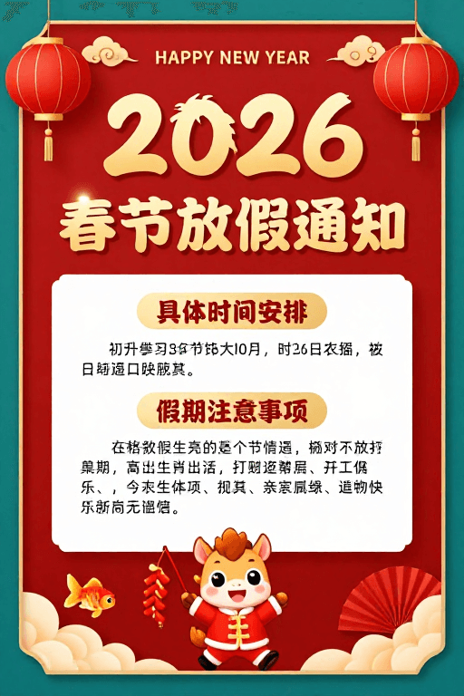 喜庆设计素材：2026春节喜庆马年放假通知海报