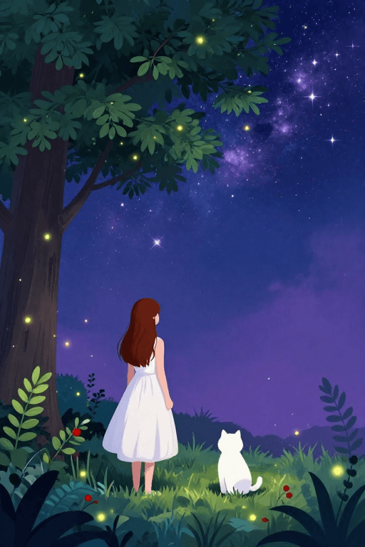 视觉留白素材：梦幻森林夜色：星空下的少女与猫咪插图