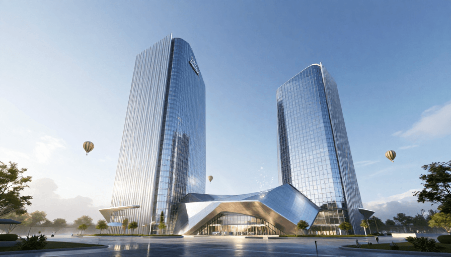 超广角摄影素材：未来都市：晨曦中的悬浮建筑与几何奇观