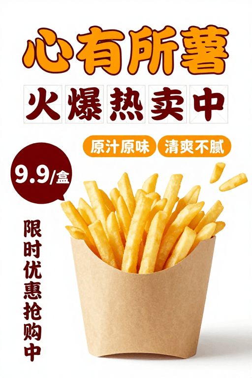 暖色调设计素材：现代简约薯条促销海报，橙棕色调营造食欲感