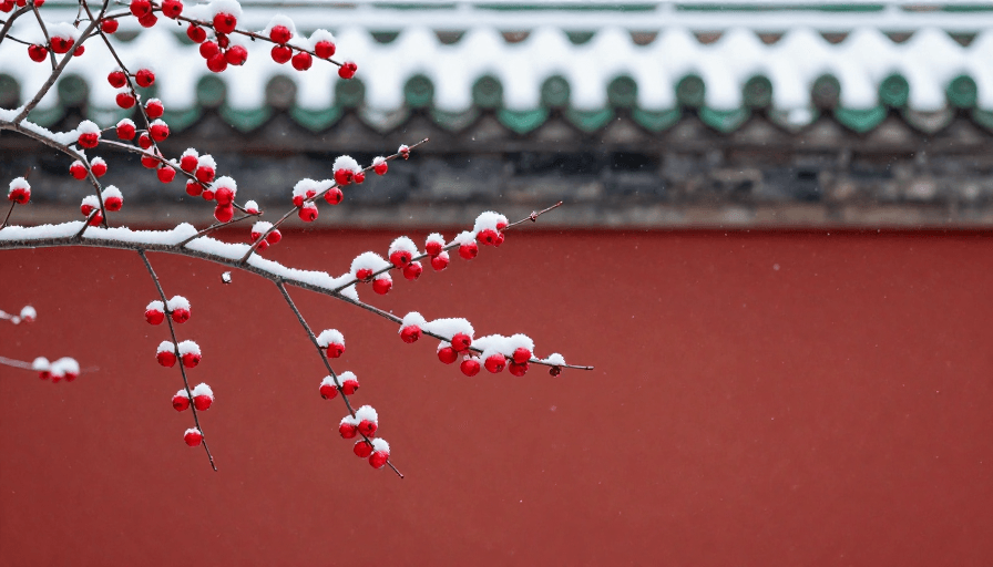 节日氛围素材：雪中红梅映红墙，传统年味暖光中绽放