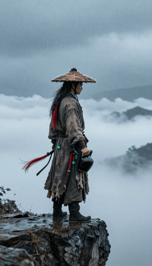 徐克风格素材：徐克风武侠：雪夜崖边的悲怆剑客侧影