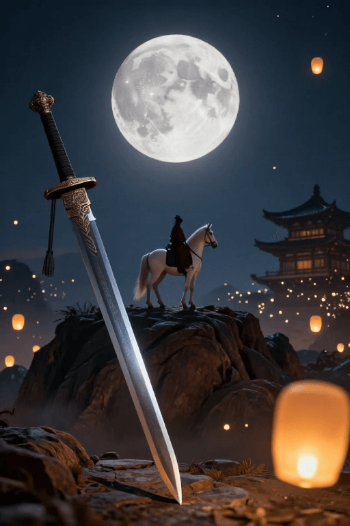 孔明灯素材：月华下古剑武士：东方奇幻史诗夜景