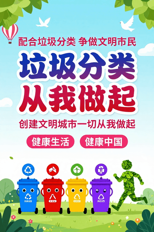 垃圾分类素材：清新环保插画风垃圾分类公益海报