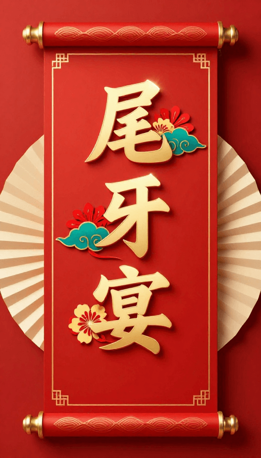 企业年会素材：金红中国风'尾牙宴'卷轴海报设计